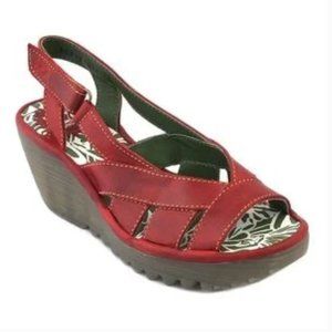 Fly London Yisa Red Leather Slingback Wedge Sandal Women's Size 41/10-10.5